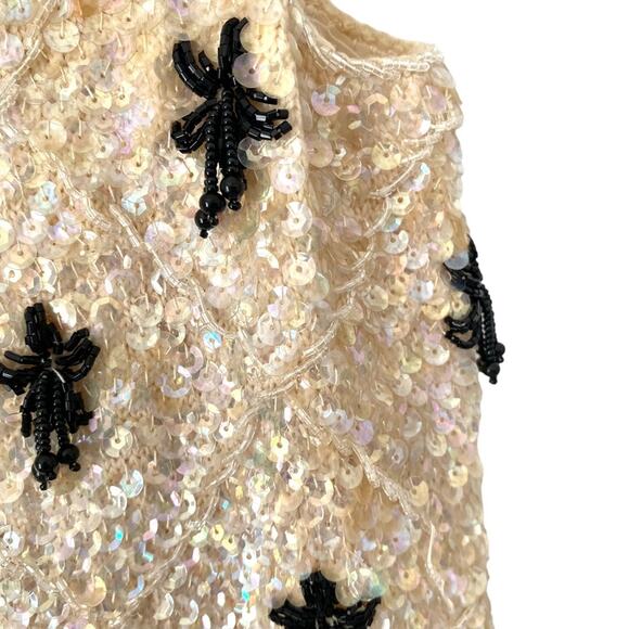 Vintage Ivory Cream Black Sequin Beaded Tank with Fringe Trim size medium - Picture 7 of 8